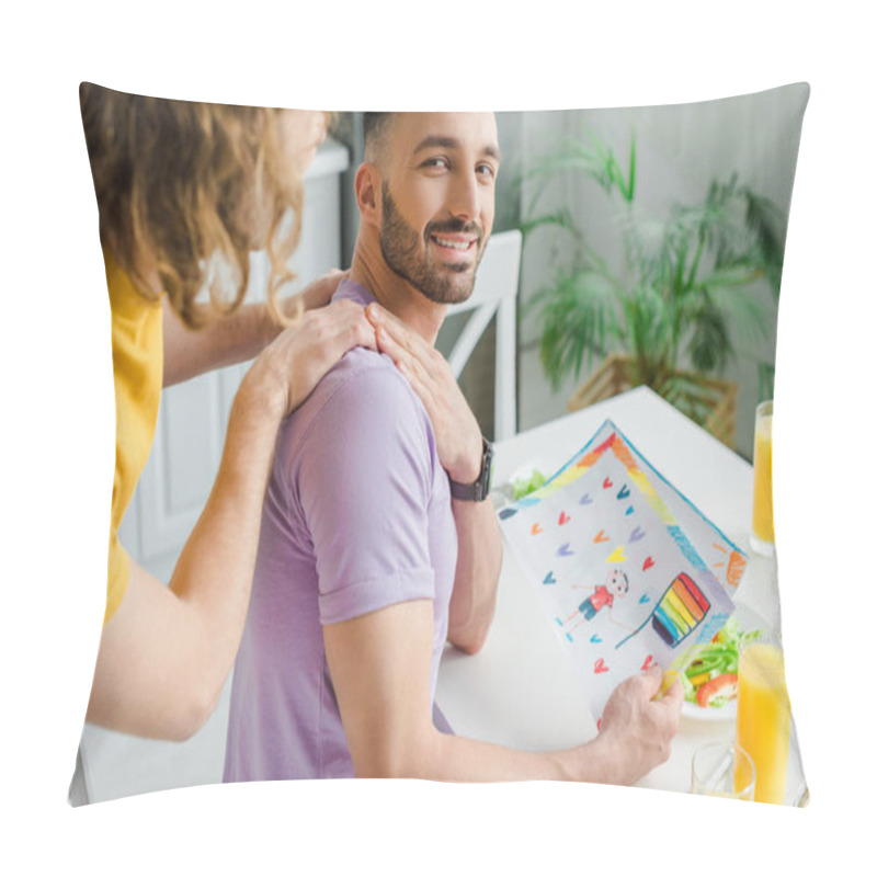 Personality  Happy Homosexual Men Holding Hands Near Picture With Lgbt Flag Pillow Covers