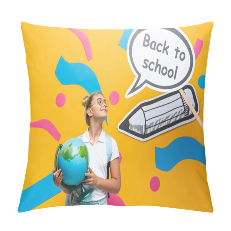 Personality  Schoolgirl In Eyeglasses Holding Globe Near Paper Elements With Back To School Lettering On Speech Bubble On Yellow Background Pillow Covers