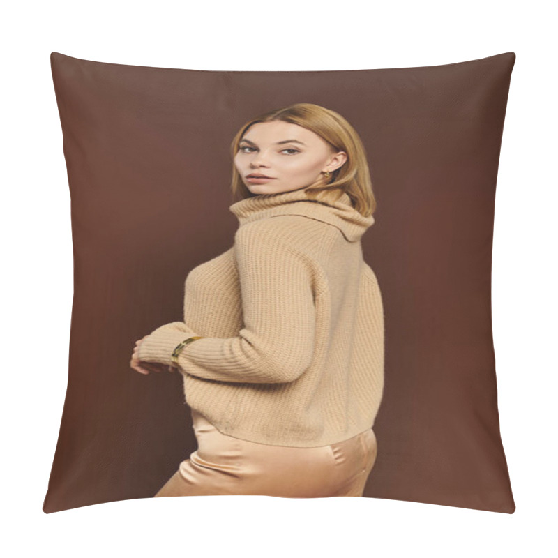 Personality  A Young Woman Shows Off Her Autumn Style In Warm Earth Tones Against A Cozy Backdrop. Pillow Covers