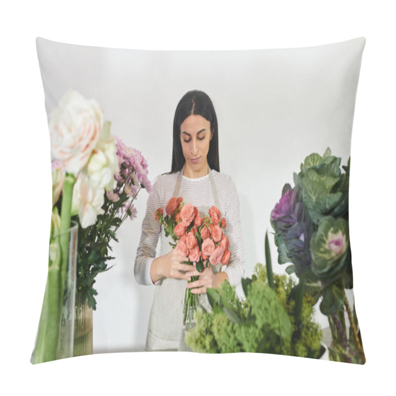 Personality  Florist Carefully Creates A Stunning Bouquet Of Roses During Her Workday In The Shop. Pillow Covers