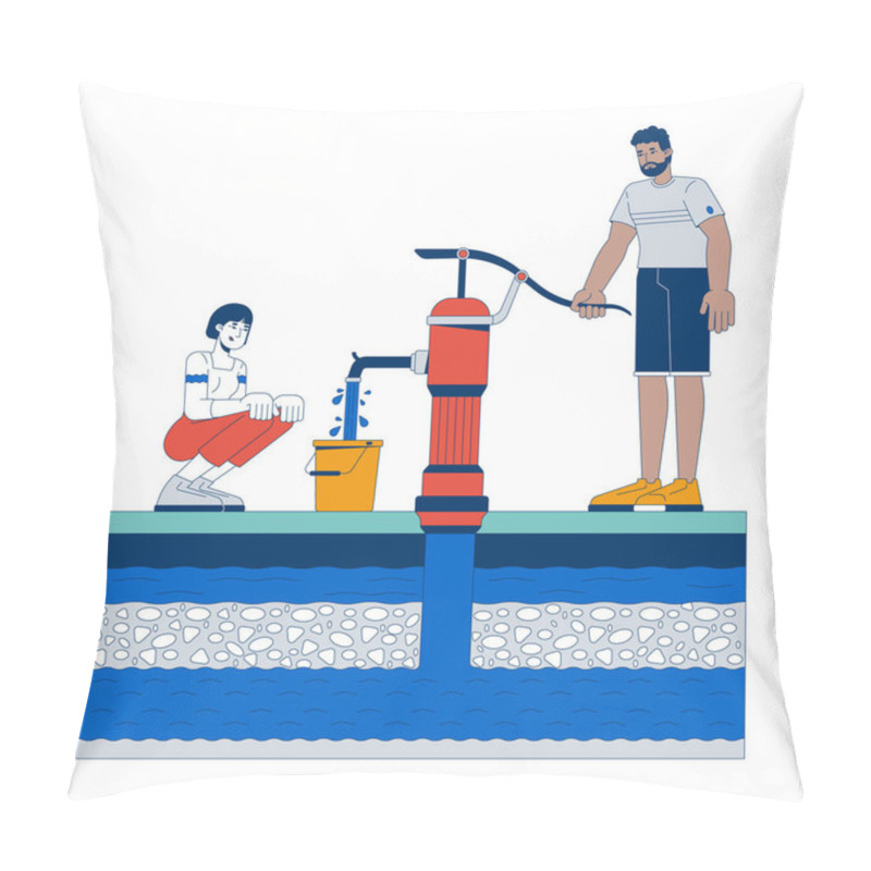 Personality  Hand Water Pump Usage For Groundwater Extraction Cartoon Flat Illustration. Black Man Filling Bucket With Waterpump, Woman Crouching 2D Characters Isolated On White Background. Vector Colorful Image Pillow Covers