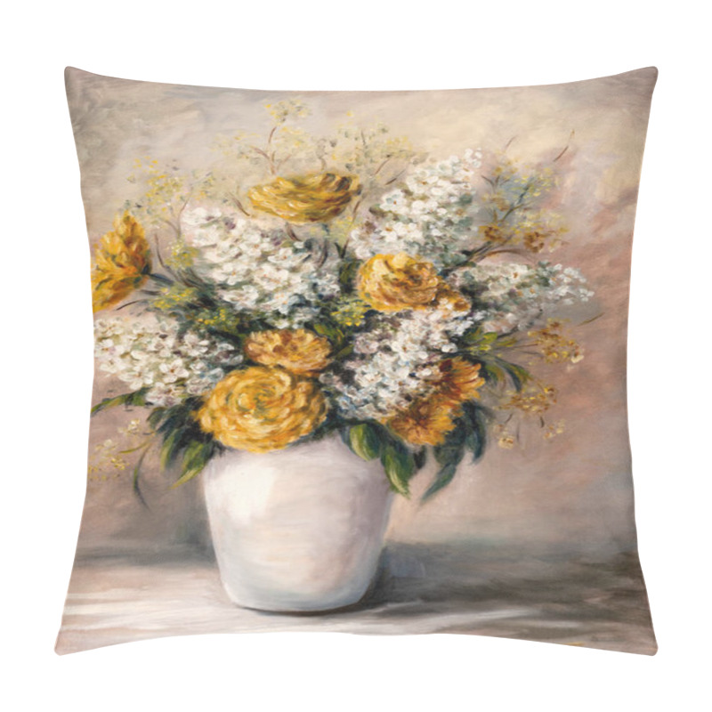 Personality  Still Life Oil Painting Depicting Of Orange Chrysanthemum And White Lilacs Flowers In Vase. Pillow Covers