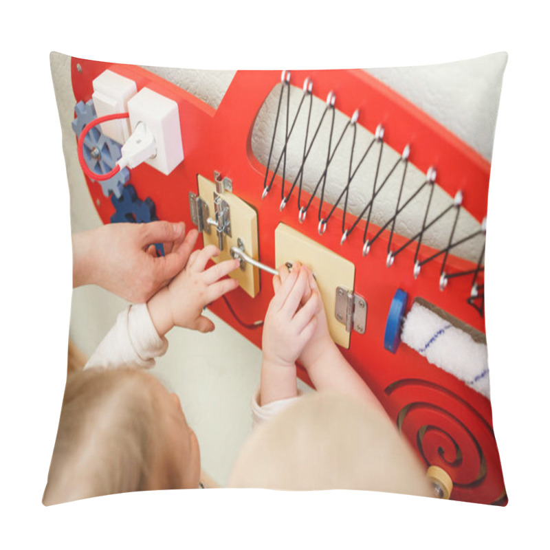 Personality  Cute Toddlers Playing With Busy Board At Kindergarten Pillow Covers