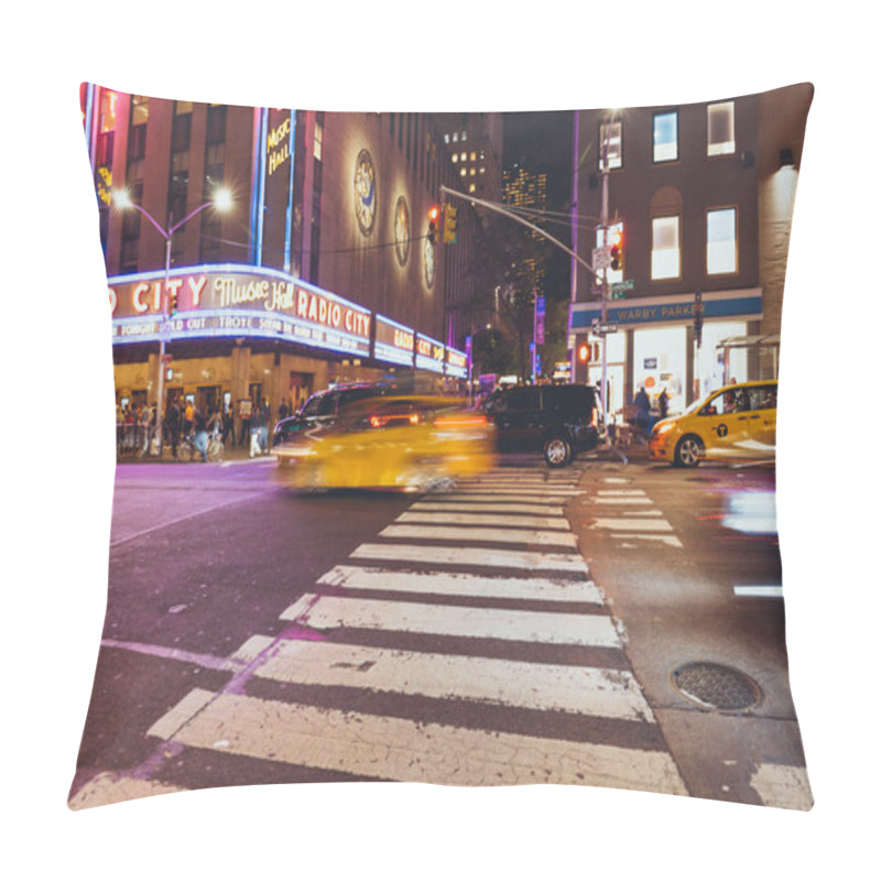 Personality  TIMES SQUARE, NEW YORK, USA - OCTOBER 8, 2018: Motion Picture Of Times Square And Cars In New York At Night, Usa Pillow Covers