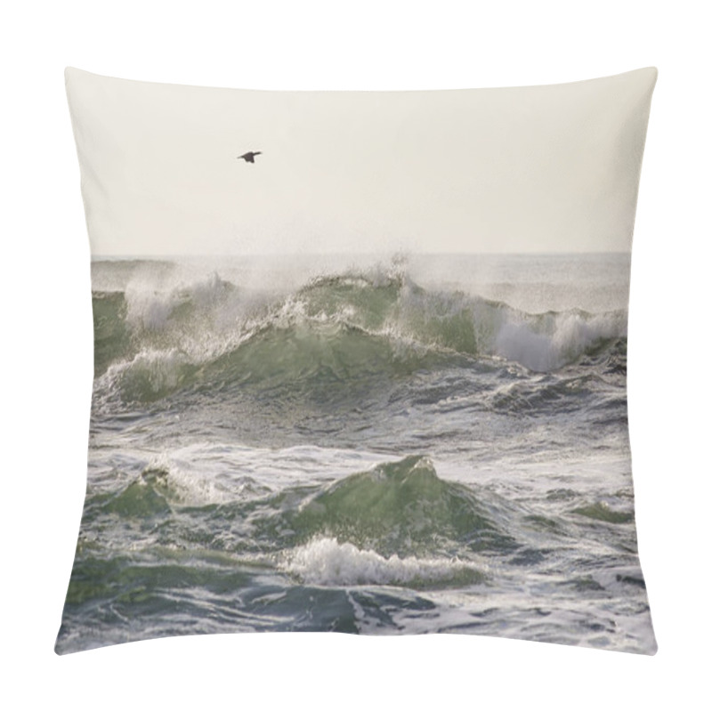 Personality  Late Autumn Seascape With Green Breaking Waves And A Cormorant Passing By. Northern Portuguese Coast. Pillow Covers