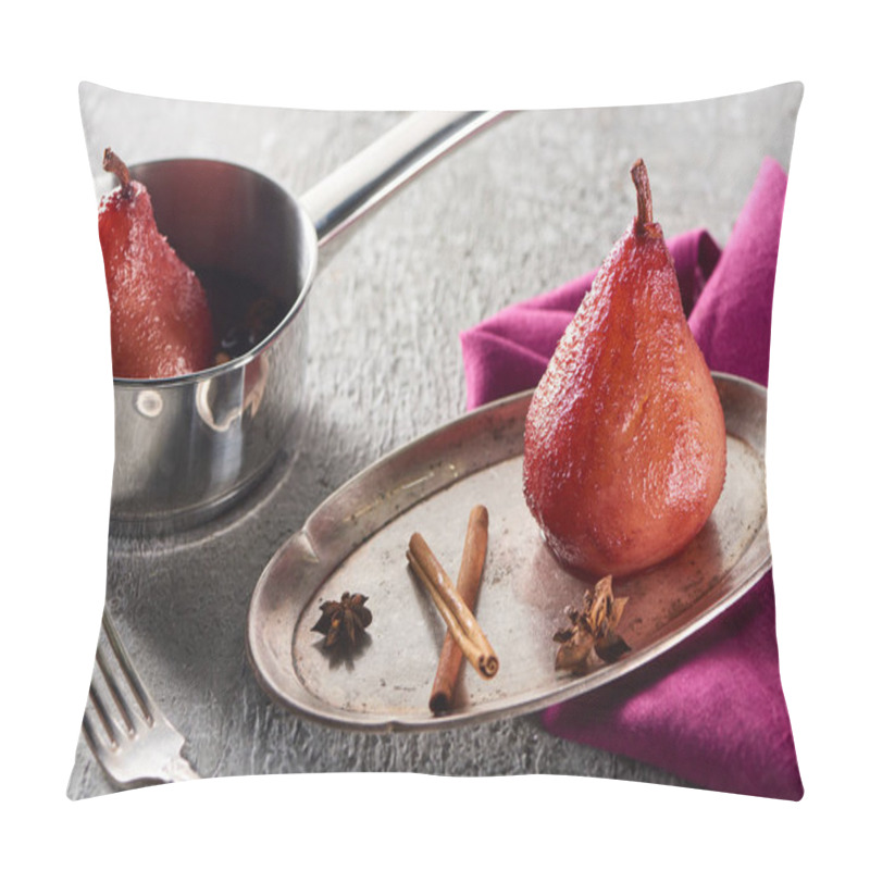 Personality  Delicious Pear In Wine With Cinnamon And Anise On Silver Plate And In Stewpot On Grey Concrete Surface With Pink Napkin And Fork Pillow Covers