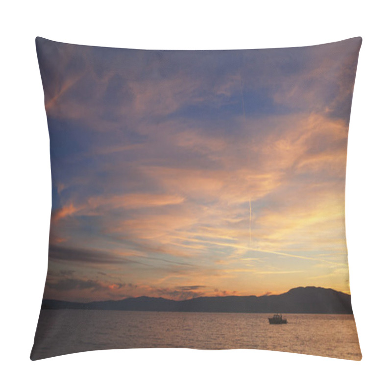 Personality  Silhouette Of Lonely Boat In The Sunset With Dramatic Sky. High  Pillow Covers