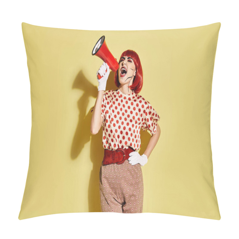 Personality  A Confident Redhead Woman In Pop Art Makeup Holds A Red And White Megaphone On A Yellow Background. Pillow Covers