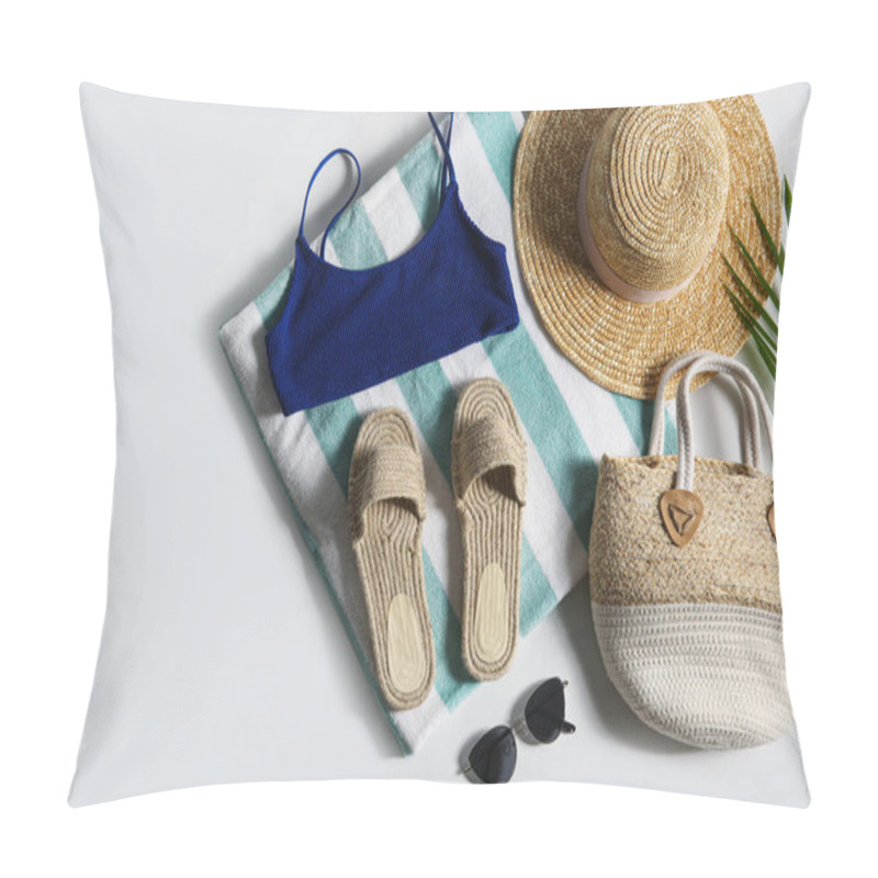 Personality  Composition With Stylish Beach Accessories On White Background, Top View Pillow Covers