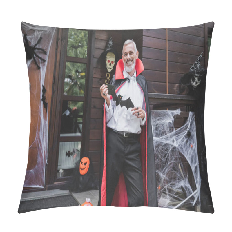 Personality  Happy Mature Man In Vampire Halloween Costume Standing On Decorated Porch With Pape Cut Bat Pillow Covers