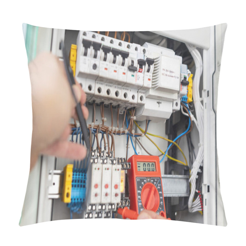 Personality  Hands Using Multimeter For Electrical Testing In Panel Pillow Covers