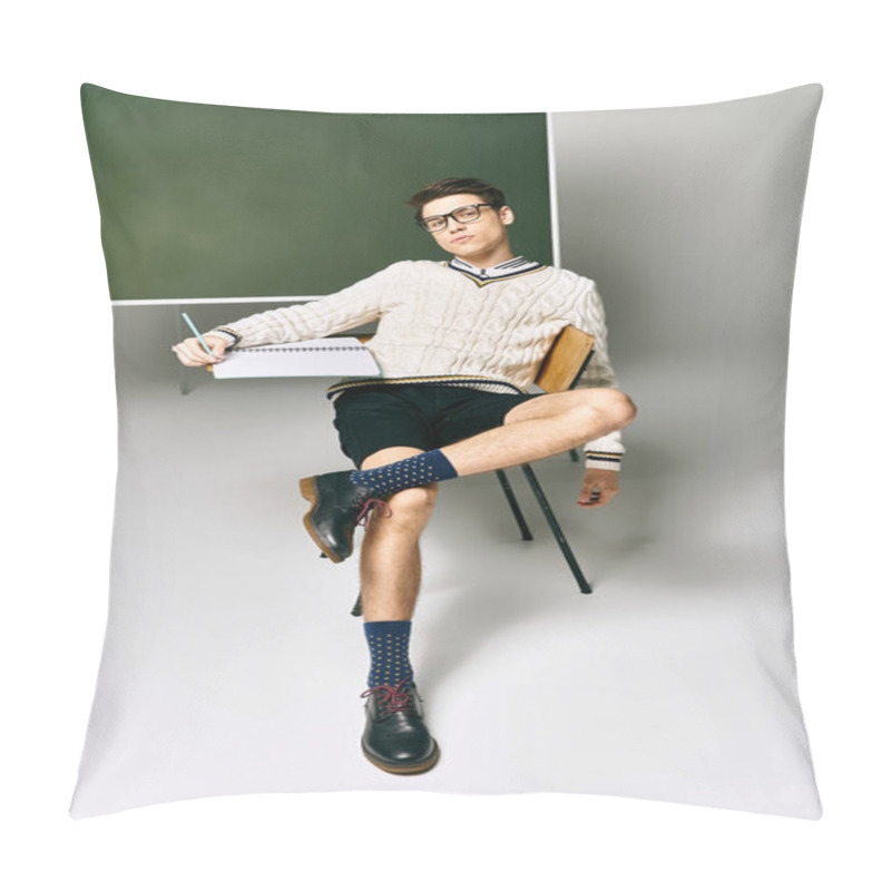 Personality  A Man In Uniform Sitting Before A Green Board In A College Classroom. Pillow Covers