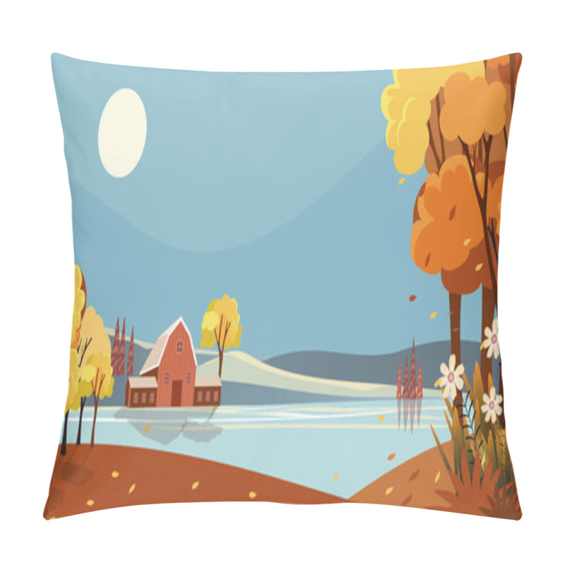 Personality  Fantasy Panorama Landscapes Of Countryside In Autumn,Panoramic Of Mid Autumn With Farm House By The Lake With The Sun And Blue Sky. Wonderland Landscape On Fall Season In Orange Foliage. Pillow Covers