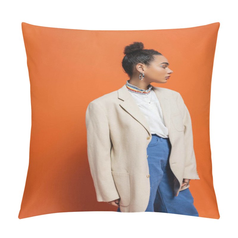 Personality  Trendy African American Fashion Model Posing In Beige Blazer And Blue Pants With Accessories Pillow Covers