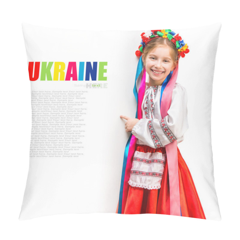 Personality  girl in  Ukrainian  costume behind white board pillow covers