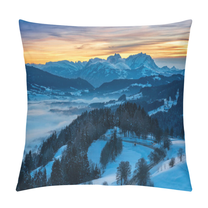 Personality  Awesome Winter Landscape At Sunset With  View From The Allgau Alpsin Germany Over The Bregenzer Wald In Austria To Mount Saentis In Switzerland Pillow Covers