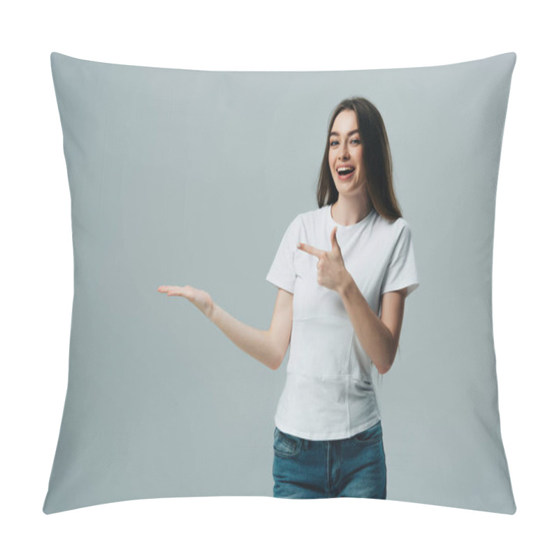 Personality  Beautiful Excited Girl Pointing With Hand And Finger At Copy Space Isolated On Grey Pillow Covers