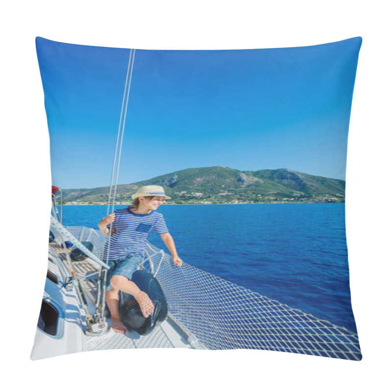 Personality  Little Boy On Board Of Sailing Yacht On Summer Cruise. Travel Adventure, Yachting With Child On Family Vacation. Pillow Covers