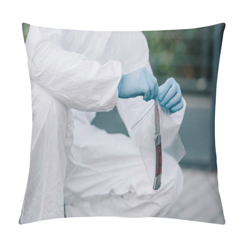 Personality  Cropped View Of Criminologist In Protective Suit And Latex Gloves Taking Evidence Into Flask At Crime Scene Pillow Covers