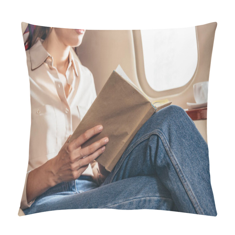 Personality  Cropped View Of Woman In Shirt Reading Book In Private Plane  Pillow Covers