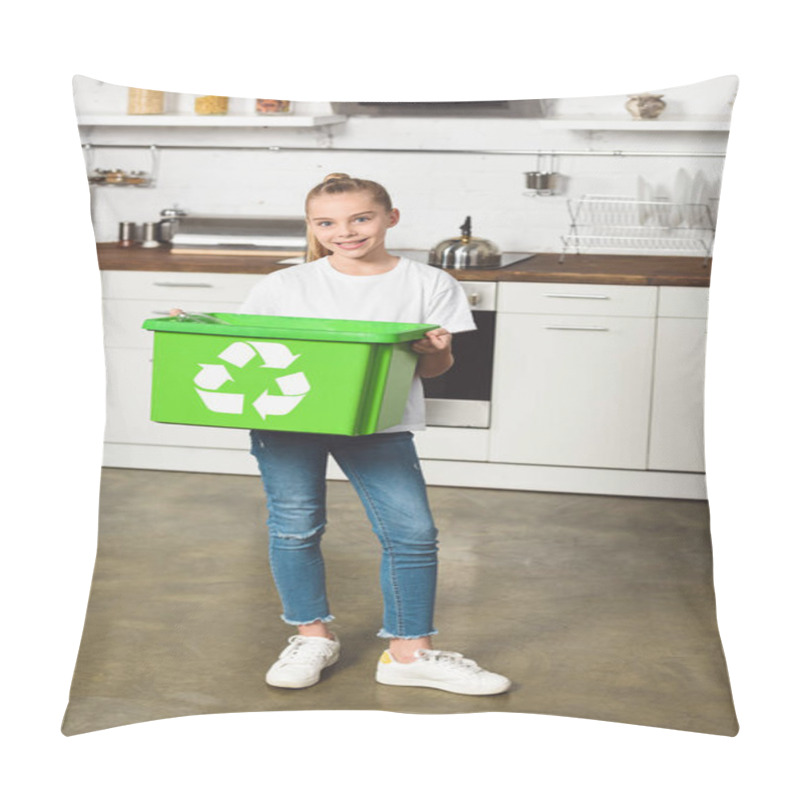 Personality  Smiling Child Holding Green Recycle Box At Kitchen  Pillow Covers