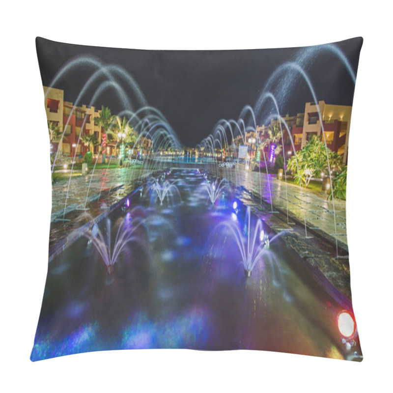 Personality  Ornate Fountain Water Feature Lit Up At Night By Large Swimming Pool In A Luxury Tropical Hotel Resort Pillow Covers