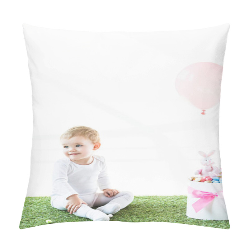 Personality  Smiling Baby Sitting Near Box With Estern Eggs, Decorative Rabbit And Air Balloon Isolated On White Pillow Covers