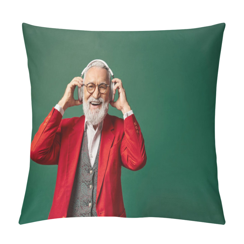 Personality  Cheerful Handsome Santa With White Beard And Glasses Putting On Big Headphones, Winter Concept Pillow Covers