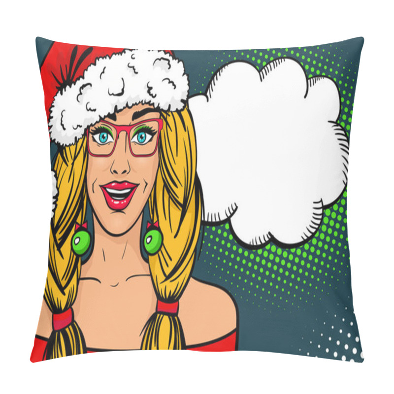 Personality  Pop Art Christmas Face. Sexy Blonde Woman In Glasses And Santa Claus Hat Smiling And Speech Bubble. Vector Christmas Background In Pop Art Retro Comic Style. Pillow Covers