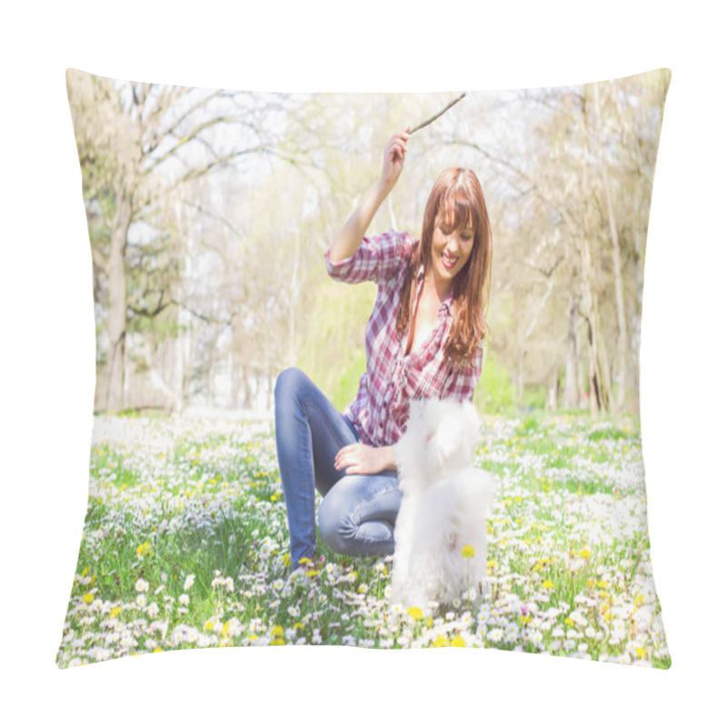 Personality  Happy Woman Enjoying Nature With Her Dog Pillow Covers