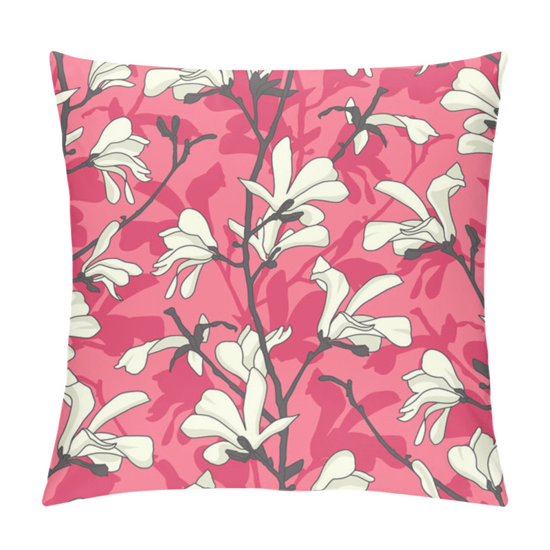 Personality  Seamless Pattern With Magnolia Tree Blossom. Pink Floral Background With Branch And White Magnolia Flower. Spring Design With Big Floral Elements. Hand Drawn Botanical Illustration. Pillow Covers