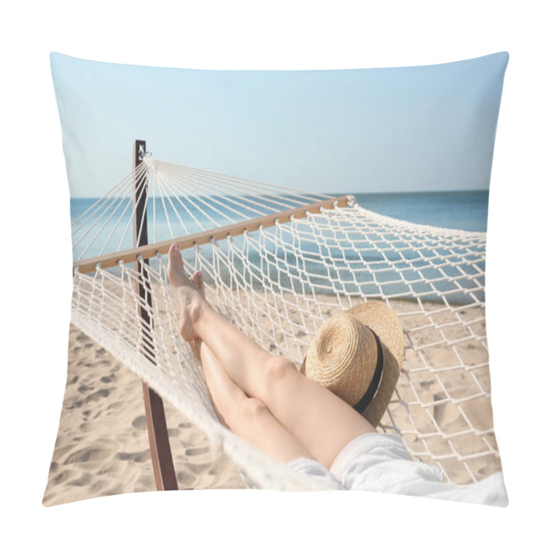 Personality  Young Woman Relaxing In Hammock On Beach Pillow Covers