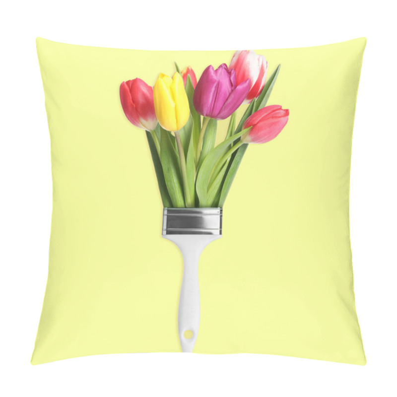 Personality  Creative Design With Paint Brush And Beautiful Tulips On Yellow Background. Spring Is Coming Pillow Covers