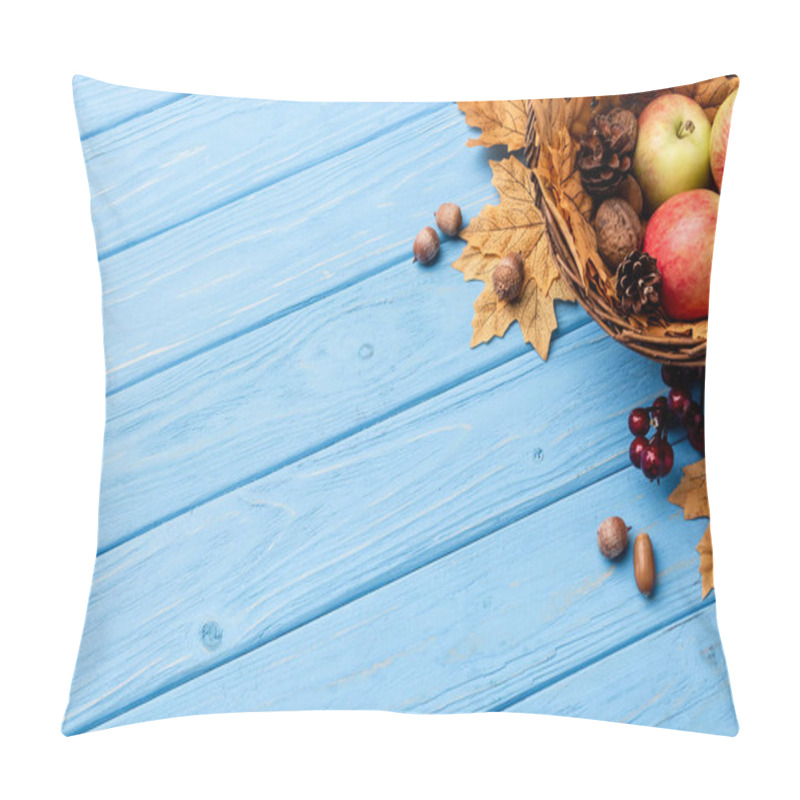 Personality  Top View Of Autumnal Wicker Basket With Apples, Nuts And Cones On Blue Wooden Background Pillow Covers