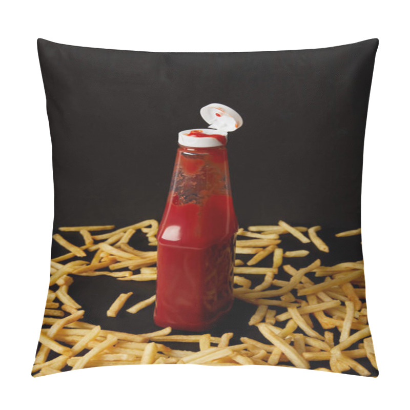 Personality  Bottle Of Ketchup Surrounded With French Fries Isolated On Black Pillow Covers