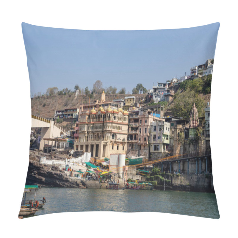 Personality  Ancient Hindu Pilgrimage Temple At Holy River Bank At Morning From Different Perspective Image Is Taken At Omkareshwar Khandwa Madhya Pradesh India On Mar 10 2024. Pillow Covers