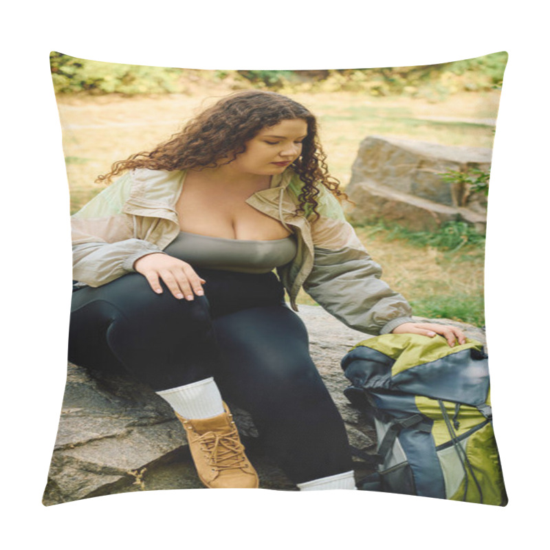 Personality  A Lovely Woman Relaxes On A Rock Near Her Backpack, Basking In The Warmth Of A Sunny Forest. Pillow Covers