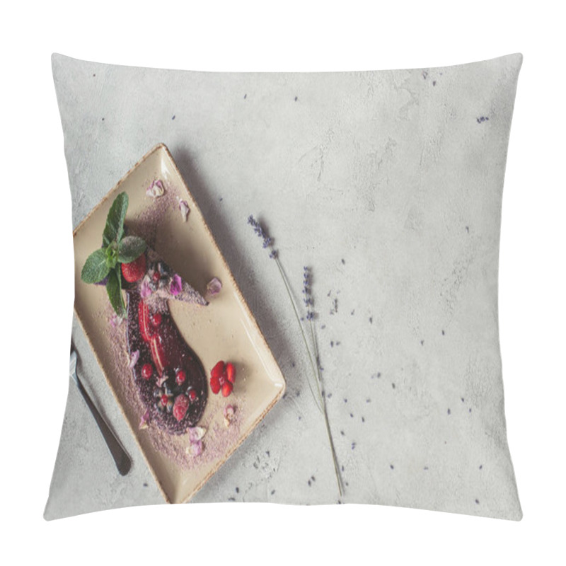 Personality  Food Composition With Piece Of Blueberry Cake Served With Mint Leaves And Violet Petals On Plate On Grey Tabletop Pillow Covers