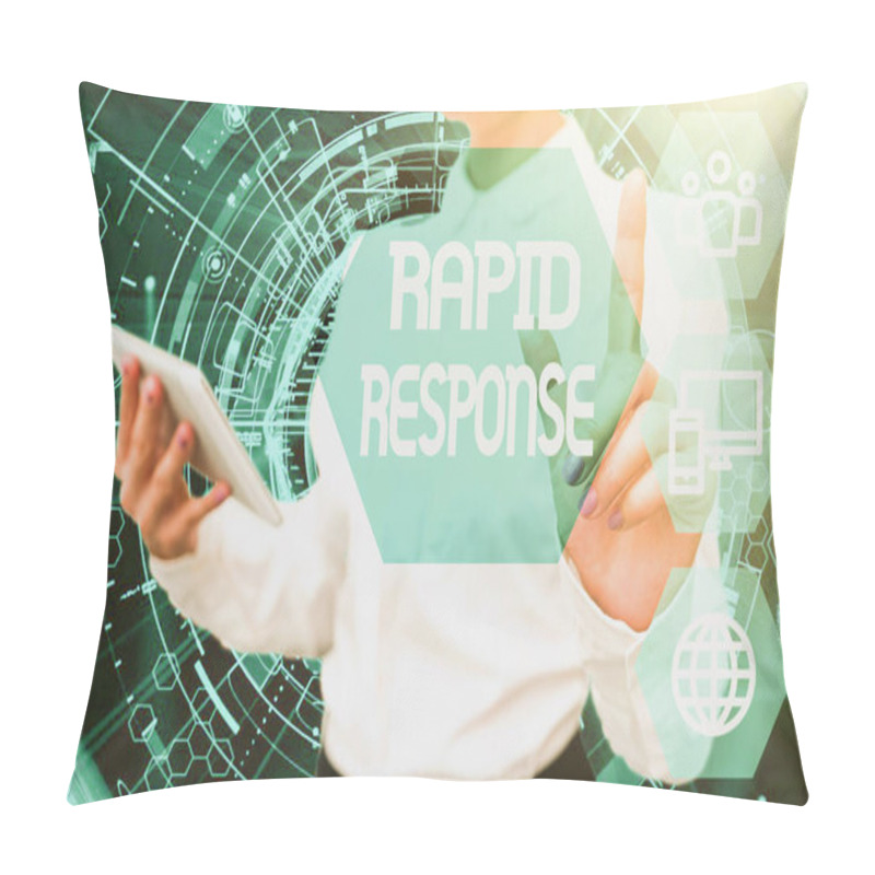 Personality  Writing Displaying Text Rapid Response. Business Showcase Medical Emergency Team Quick Assistance During Disaster Lady In Uniform Standing Hold Phone Virtual Press Button Futuristic Tech. Pillow Covers