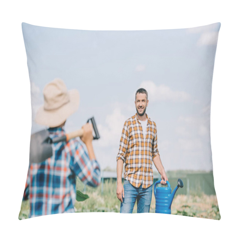 Personality  Selective Focus Of Boy With Shovel Looking At Smiling Father With Watering Can On Field Pillow Covers