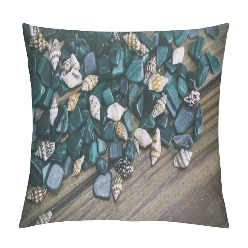 Personality  Malachite On Wooden Background, Small Shells On A Wooden Backgro Pillow Covers