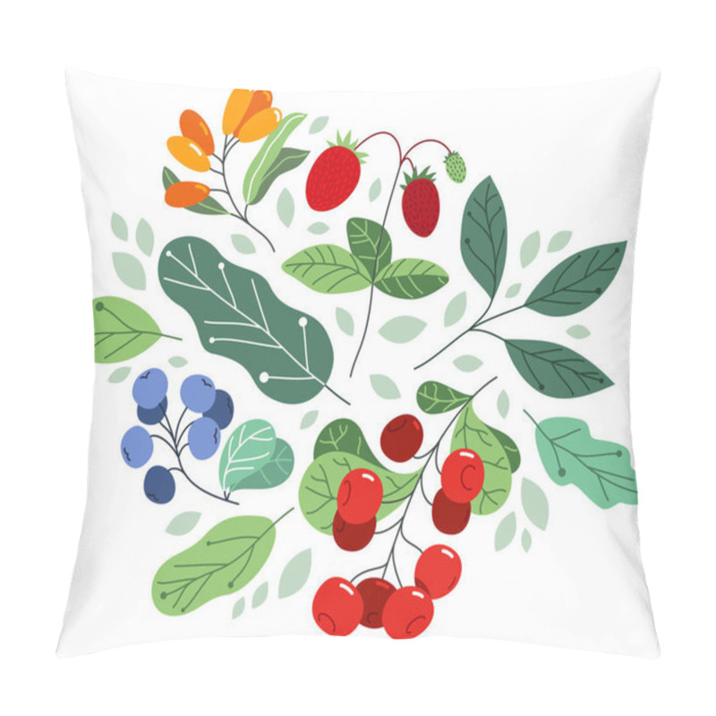 Personality  Wild Berries Fresh And Ripe Tasty Healthy Food With Leaves Vector Flat Style Illustration Isolated Over White, Delicious Vegetation Diet Eating, Nature Gifts. Pillow Covers