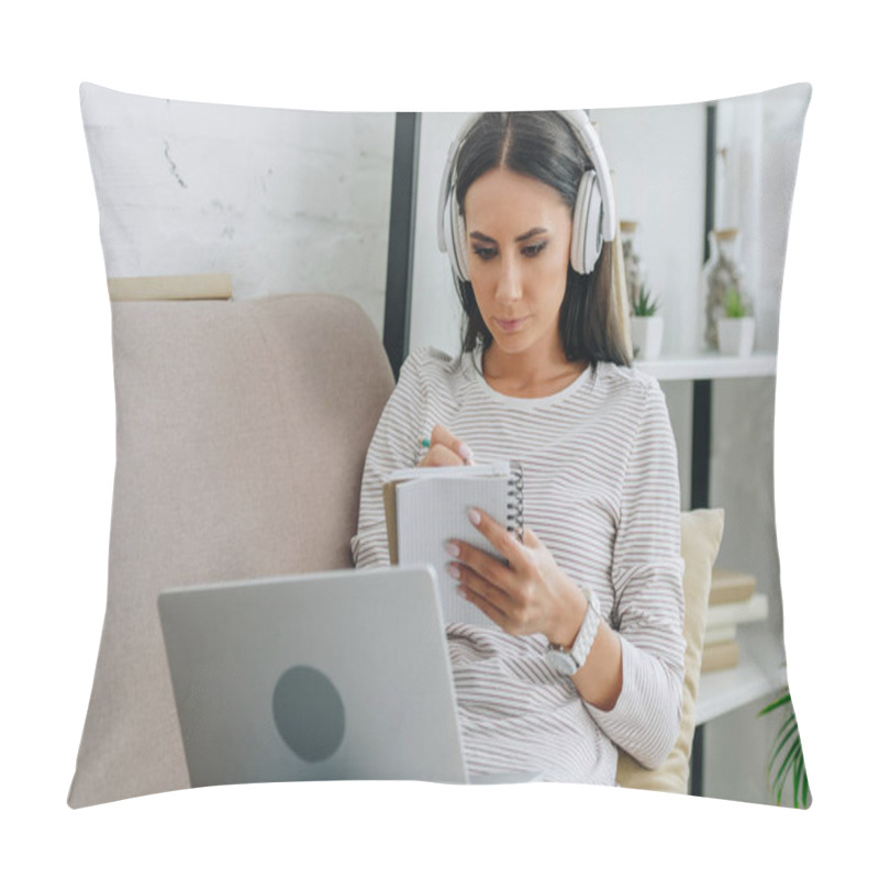 Personality  Beautiful Woman With Headphones Writing In Notebook And Holding Laptop  Pillow Covers