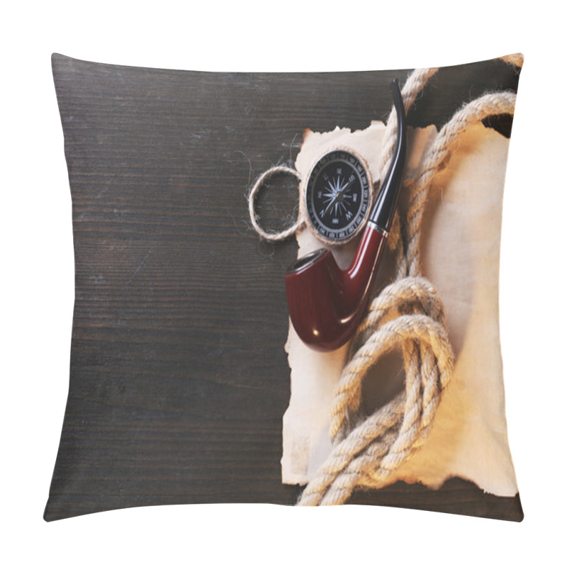 Personality  Marine Still Life Pipe, Compass, Rope And Sheet Of Paper On Wooden Background Pillow Covers