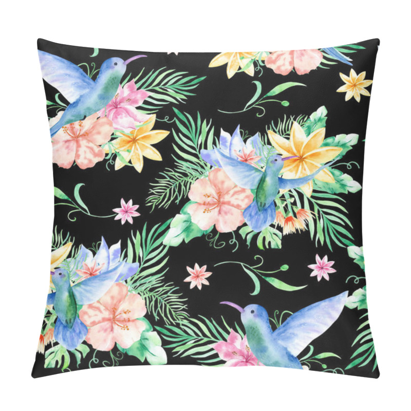 Personality  Floral Seamless Tropical Pattern, Summer Background With Exotic Flowers, Palm Leaves, Jungle Leaf, Orchid Flower And Hummingbird. Vintage Botanical Wallpaper, Illustration In Hawaiian Style. Pillow Covers