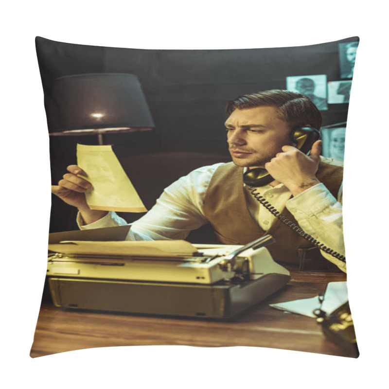 Personality  Detective Reading Document While Talking On Telephone In Office Pillow Covers