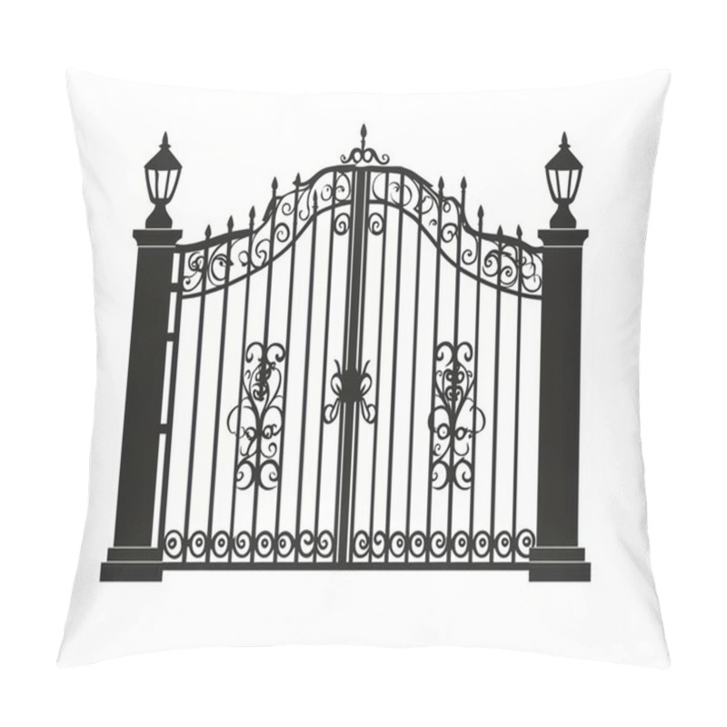 Personality  Elegant Black Wrought-iron Gate With Decorative Designs And Lanterns, Enhancing An Inviting Entrance. Pillow Covers