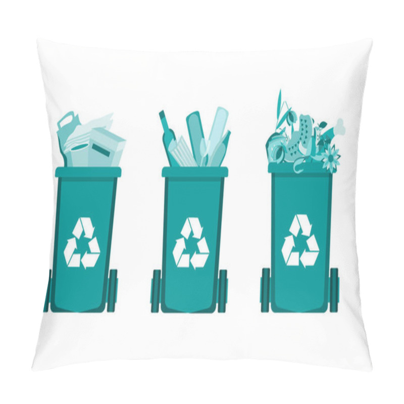 Personality  Waste Bins And Waste Separation. Disposal, Utilization Of Food, Paper And Glass Waste Isolated Vector Illustration Pillow Covers