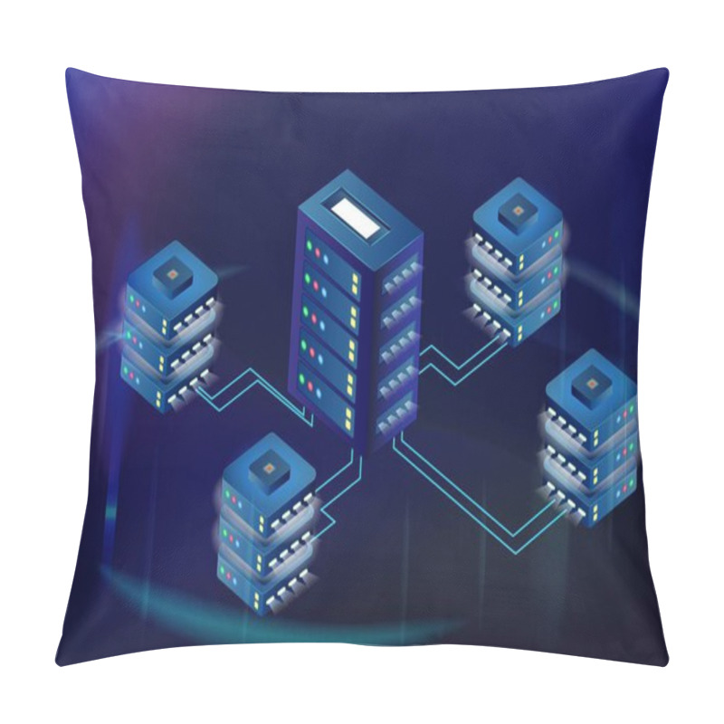 Personality  Isometric Cloud Server Isolated On Blue. Datacenter Storage Objects. Network Server Room. Vector Illustration Pillow Covers