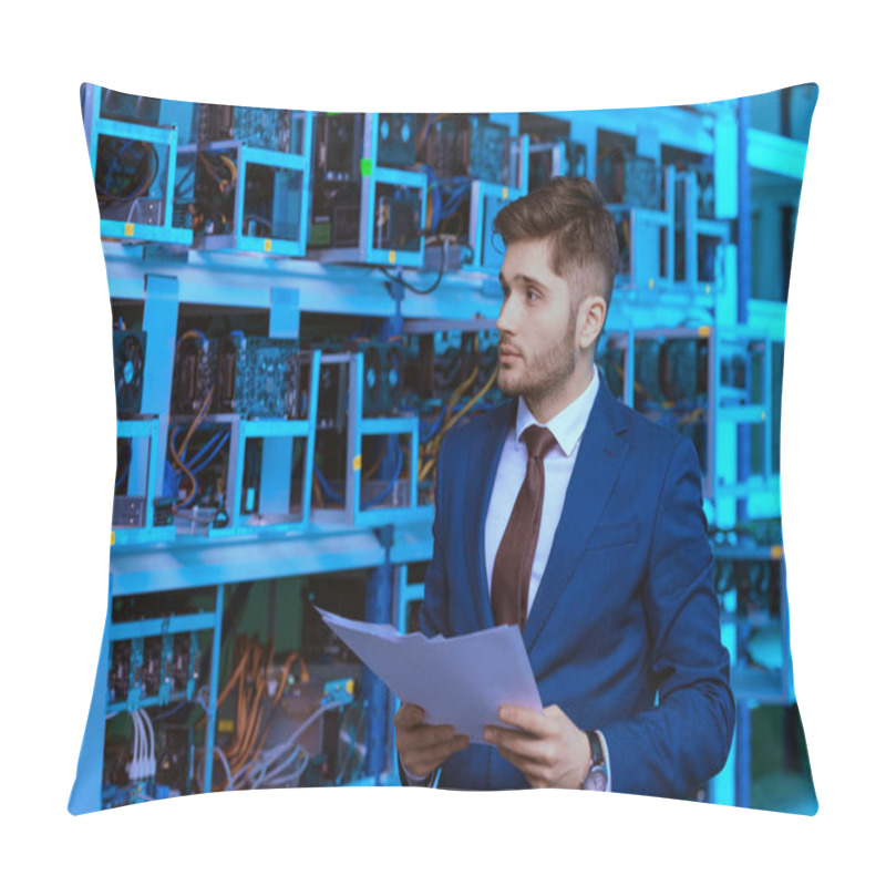 Personality  Successful Young Businessman Reading Documents At Ethereum Mining Farm Pillow Covers